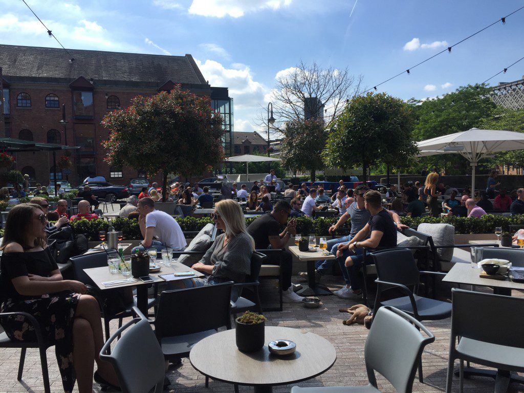 The beer garden of Dukes 92 on a sunny day