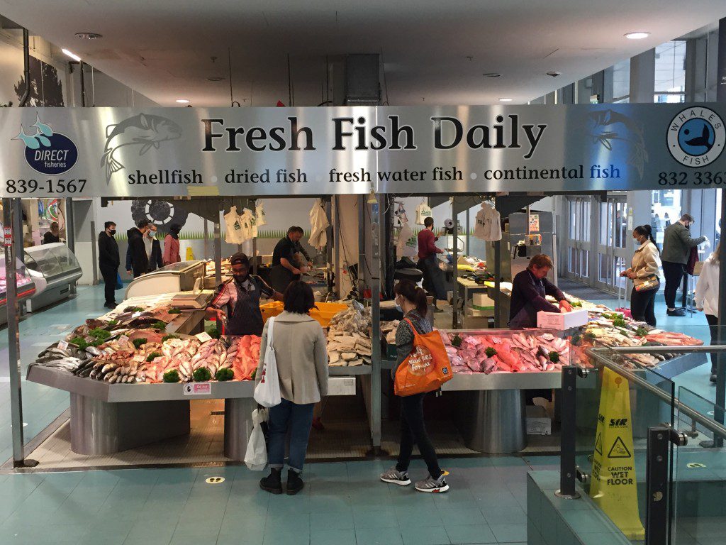 A wide shot of Whales fish market in the Arndale centre
